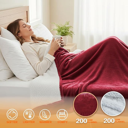 Electric Heated Blanket Throw Size 50''x60''-Control Heating Blanket, Soft & Warm Flannel 10-Level Temperature Control, 8 Hours Auto Off, Rapid Heating & Overheat Protection