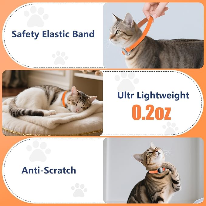 AirTag Cat Collar, Elastic Tracker Collar with Airtag Holder and Bell | Compatible with Apple Air Tag, Lightweight & Scratch Resistant, Adjustable Stepless GPS Pet Collar for Cats Kittens, Orange