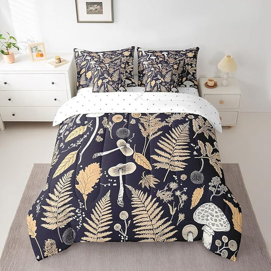 Retro Jungle Leaves Comforter Set 7 Piece,Rustic Mushroom Botanica Bed Set,Vintage Farmhouse Decor Bedding Bed in a Bag,Twin (1 Comforter,2 Pillowcase,2 Pillow Covers,1 Flat Sheet,1 Fitted Sheet)