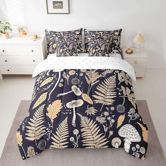 Retro Jungle Leaves Comforter Set 7 Piece,Rustic Mushroom Botanica Bed Set,Vintage Farmhouse Decor Bedding Bed in a Bag,King (1 Comforter,2 Pillowcase,2 Pillow Covers,1 Flat Sheet,1 Fitted Sheet)