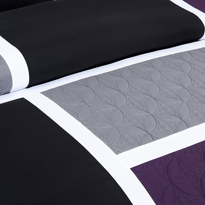 Chezmoi Collection Upland 7-Piece Quilted Patchwork Comforter Set, Purple/Black/Gray, California King