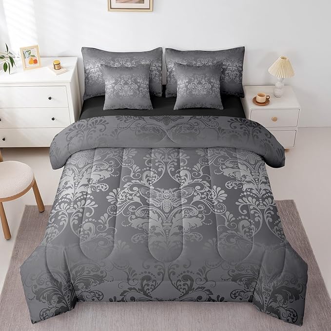 Erosebridal Gothic Damask Bed in a Bag Queen Comforter Set 7 Piece,Exotic Moth Bedding Sets Silver Gray Victorian Floral Goth Sheet Set with Comforter