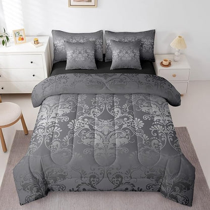 Erosebridal Gothic Damask Bed in a Bag King Size Comforter Set 7 Pieces,Exotic Moth Bedding Sets Silver Gray Victorian Floral Goth Sheet Set with Comforter