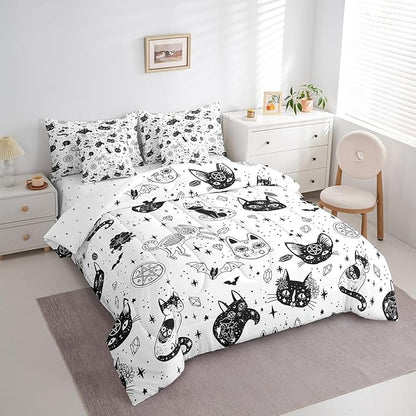 Cat Skeleton Bedding Set,Black White Wildlifes King Comforter Set with Sheets for Kids Boys Girls Teens Room Decor,Mysterious Constellation Bed in a Bag 7 Piece for Bedroom Living Room