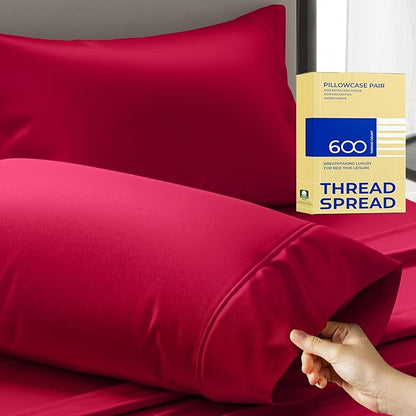 Thread Spread 100% Egyptian Cotton Pillow Cases Queen Size Set of 2 - Luxury 600 Series Bliss Collection Queen Pillow Cases (Red), Soft Cooling Hotel Cotton Pillowcases, Sateen Finish