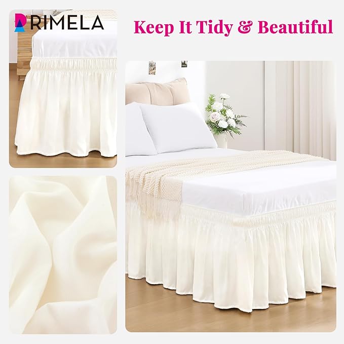 RIMELA Cream White Bed Skirt Queen Size 18 Inch Drop, Wrap Around Elastic Bedskirt, Dust Ruffle for Adjustable Bed Base Machine Washable Easy to Install Bed Skirts