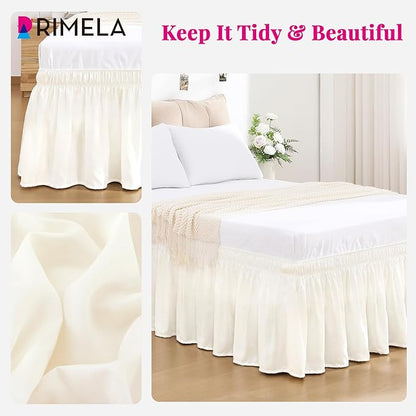 RIMELA Cream White Bed Skirt Queen Size 18 Inch Drop, Wrap Around Elastic Bedskirt, Dust Ruffle for Adjustable Bed Base Machine Washable Easy to Install Bed Skirts