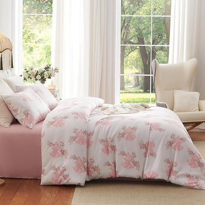 Nayoroom Pink Bow Duvet Cover Full Size Coquette Pink Floral Duvet Cover 3 Pieces Soft Lightweight Microfiber Girls Cute Aesthetic Dorm Bedding Set