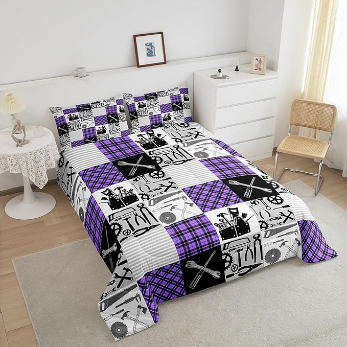 Kids Girls Cars Comforter Set Wrench Repair Outfit Bedding Set Farmhouse Gingham Check Bedding Home Decor Gray Purple Comforter Full Size 3 Pieces Quilted Duvet Set with 2 Pillowcase