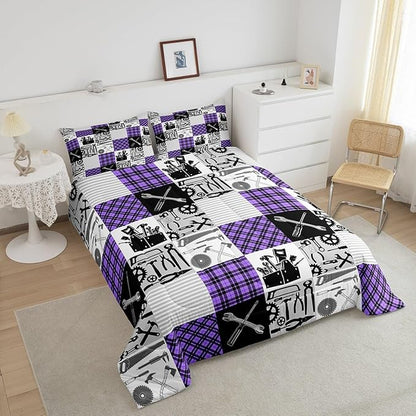 Kids Girls Cars Comforter Set Wrench Repair Outfit Bedding Set Farmhouse Gingham Check Bedding Home Decor Gray Purple Comforter Full Size 3 Pieces Quilted Duvet Set with 2 Pillowcase