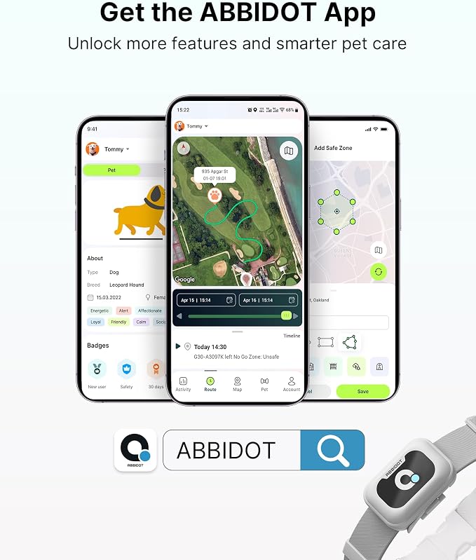ABBIDOT GPS Dog Tracker - Real-Time Pet Tracker with Virtual Fence, Activity Monitor, Location History, Health Monitor, 3-Mode Light, Waterproof & Rechargeable GPS Tracker for Dogs with APP Support