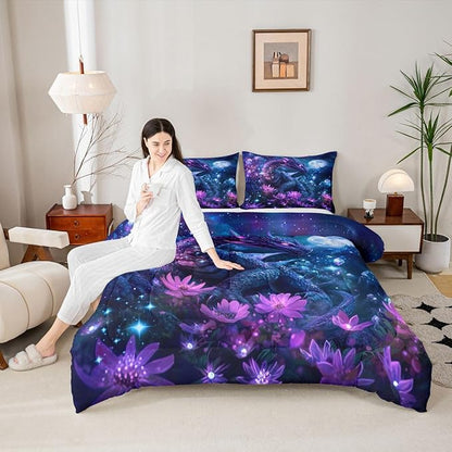Feelyou Dragon Comforter Set All Season Dragon Stuff Bedding Set with 2 Pillow Cases Wild Life Kids King Bedclothes Magic Wildlife Bedroom Decor Purple and Blue Duvet Quilt Breathable Soft