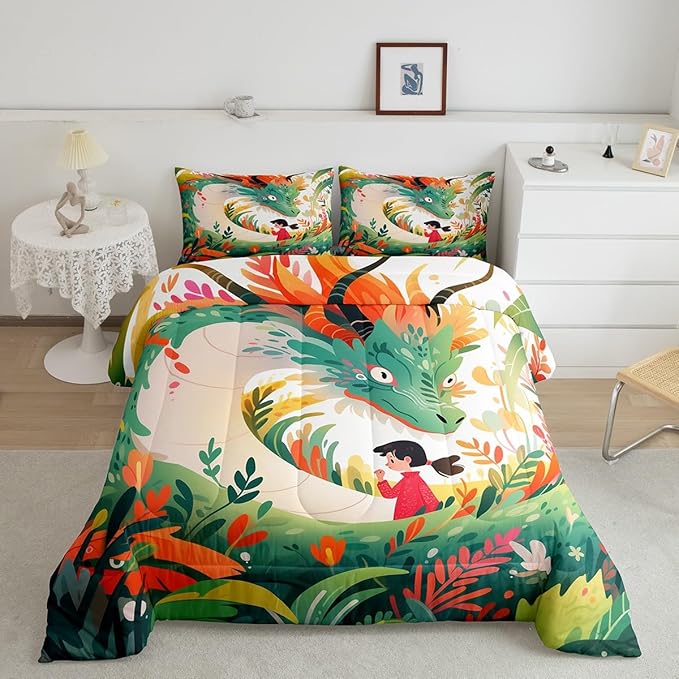 Dragon Cute Girl Comforter Set Queen Size,Cartoon Floral Green Weed Bedding Set for Kids Boys Teens Room Decor,Colorful Flower Animals Duvet Insert 3Pcs,Watercolor Fantasy Quilt Set,2 Pillowcases