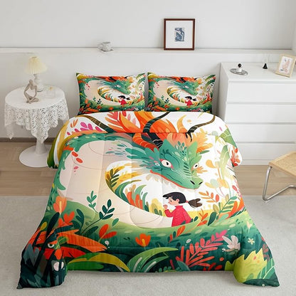 Dragon Cute Girl Comforter Set Queen Size,Cartoon Floral Green Weed Bedding Set for Kids Boys Teens Room Decor,Colorful Flower Animals Duvet Insert 3Pcs,Watercolor Fantasy Quilt Set,2 Pillowcases