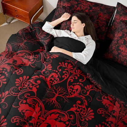 Erosebridal Gothic Damask Bed in a Bag King Size Comforter Set 7 Pieces,Sun Moon Tree of Life Bedding Sets Red Black Victorian Floral Goth Sheet Set with Comforter