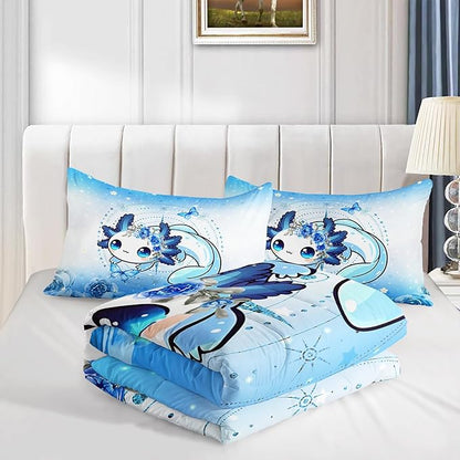 Cartoon Axolotl Bed Comforter & Bedding Set, Queen Size, Blue with Butterfly & Flowers Pattern, Includes 2 Pillowcases