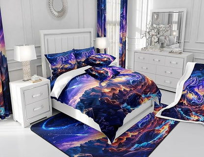 Dragon Comforter Set Queen Size,Magical Animals Bedding Set 3Pcs,Kids Girls Boys Teens Room Decor,Starry Sky and Flame Mountain Quilt Set Purple Western Wildlife Theme Duvet Insert,2 Pillowcases