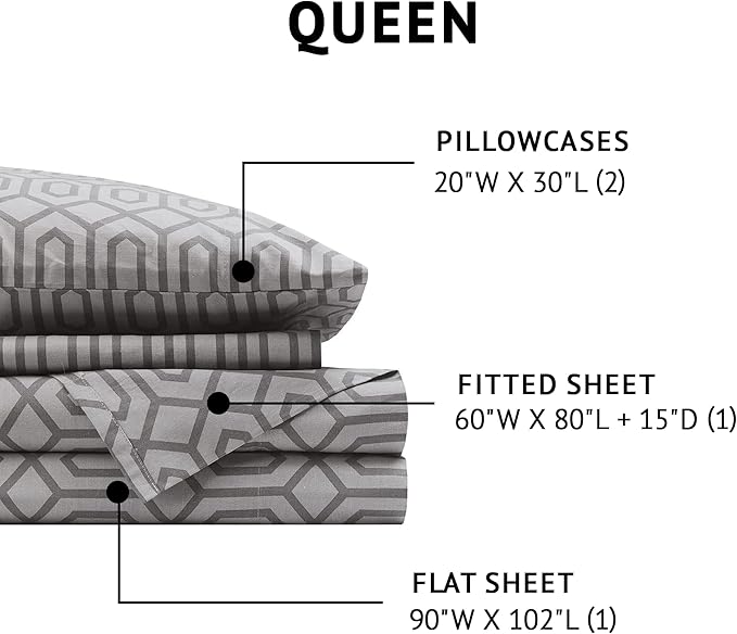 Comfort Spaces 100% Cotton Sheet Set Breathable, Lightweight, Soft with 14" Elastic Pocket Fits up to 16" Mattress, All Season Cozy Bedding, Matching Pillow Case, Queen Diamond Sliver 4 Piece