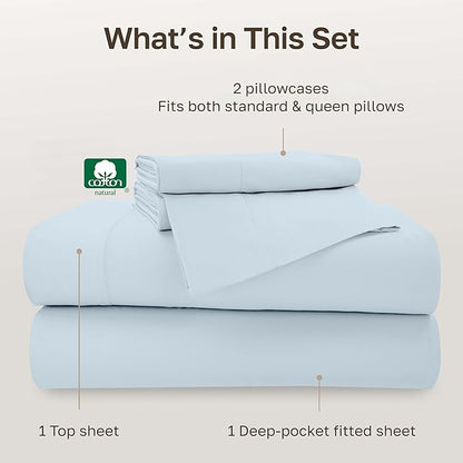 California Design Den - Queen Cotton Sheet Set, Soft 100% Cotton Sheets Deep Pockets Set, Snug Fit Elastic, 500 Thread Count Sateen, Sheet Sets for Bed - Blue (Grey Tone)