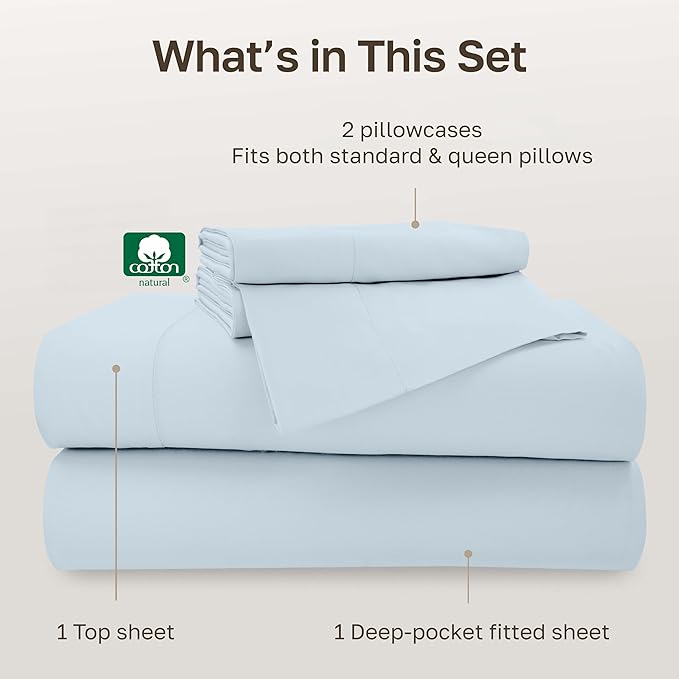 CALIFORNIA DESIGN DEN Full Cotton Sateen Sheet Set - 500 Thread Count Light Blue Sheets, Pure Cotton 4 Piece Luxury Bedding, wrinkleless Comfortable Sheets, Deep Pocket Fits Mattress 16 Inches