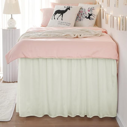 RIMELA Cream Dorm Bed Skirt Twin XL 32 Inch Drop, Easy to Install Extra Long Wrap Around Elastic Dust Ruffle, Bedskirt Silky Fabric Machine Washable (Twin XL 80“L x 39”W & Twin 75“L x 39”W)