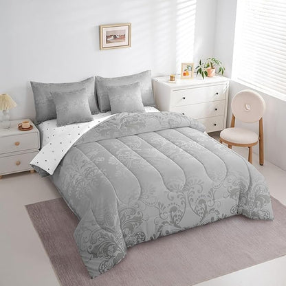 Erosebridal Gothic Damask Bed in a Bag King Size Comforter Set 7 Pieces,Exotic Moth Bedding Sets Grey Victorian Floral Goth Sheet Set with Comforter