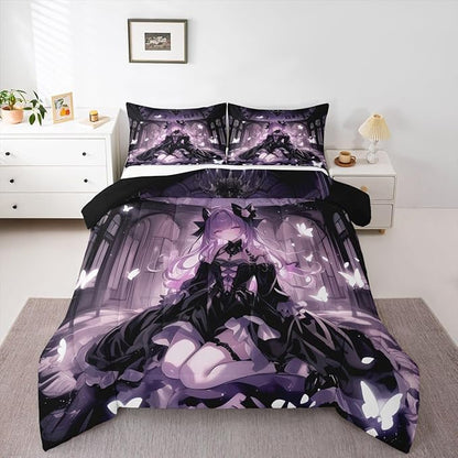 Erosebridal 3D Girly Kids Comforter Set | Japanese Girl Bedding Twin Size Anime Gifts Down Comforter Purple Dreamy Butterfly Print Duvet Set for Bedroom