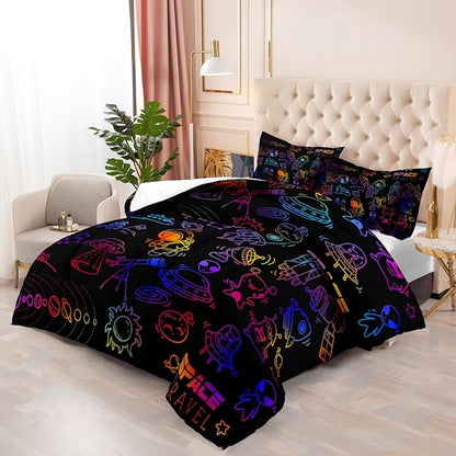 Cartoon Space Comforter Set for Kids Boys Girls,3 Pieces Outer Space Bedding Full Size,Rocket Planet Spaceship Travel Toddler Bedding Set for Teen Boy Room Decor with 1 Comforter 2 Pillowcase