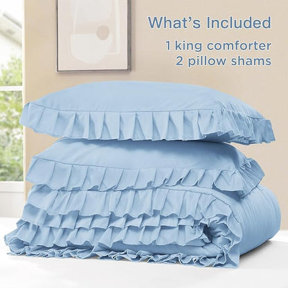 Litanika Light Blue Queen Comforter Set, 3 Pieces Ruffle Farmhouse Aesthetic Bedding Comforter Set, All Season Soft Lightweight Fluffy Microfiber Bed Set(90x90In Comforter, 2 Pillowcases)