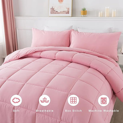 DOWNCOOL Full Size Comforter Sets -All Season Bedding Comforters Sets with 2 Pillow Cases -3 Pieces Bed Set Down Alternative Comforter Set -Pink Bedding Sets Full(82"x86")