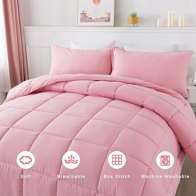 DOWNCOOL Queen Comforter Set -All Season Bedding Comforters Sets with 2 Pillow Cases-3 Pieces Bedding Sets Queen -Down Alternative Pink Queen Size Comforter Sets(88"x92")