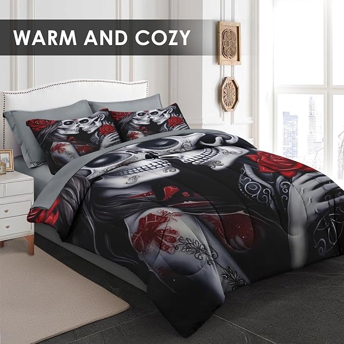 Comforter Set Full Size, Love 7 Pcs Bedding for Adults, Vintage Flower Rose Bed Sheet Sets with Fitted Sheet 2 Pillowcases & 2 Shams for Bedroom Bed Decor