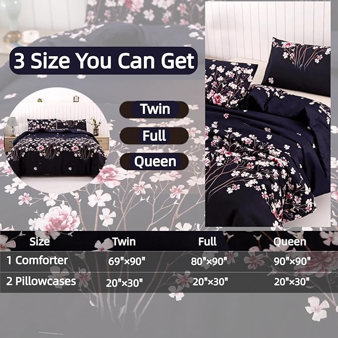 SDIII Navy Blue Floral Comforter Set Full 3 Pieces, Soft Microfiber Lightweight Floral Bedding Full, Flower Full Size Comforter Set for All Season