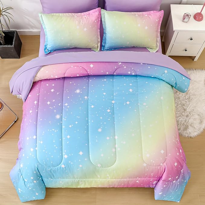 Drucon Rainbow Comforter Set Twin Size for Teen Girl &Boys,6 Pieces Bed in A Bag Blue Blush Rainbow Bedding Set Twin Size(1 Comforter, 1 Flat Sheet, 1 Fitted Sheet, 1 Pillow sham, 2 Pillowcases)