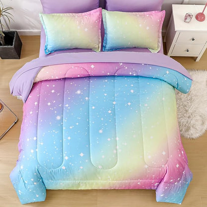 Drucon Rainbow Comforter Set Queen Size for Teen Girl &Boys,7 Pieces Bed in A Bag Blue Blush Rainbow Bedding Set Queen Size(1 Comforter, 1 Flat Sheet, 1 Fitted Sheet, 2 Pillow sham, 2 Pillowcases)