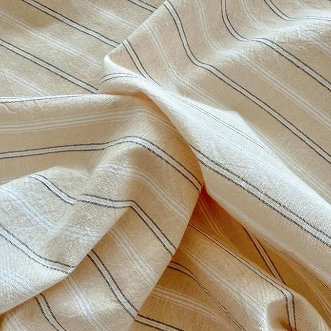 Nayoroom Striped Duvet Cover King Size 100% Washed Cotton Beige Duvet Cover with Black White Stripes Pattern Printed Comforter Cover 3 Pieces Soft Breathable Dorm Bedding Set for All Seasons
