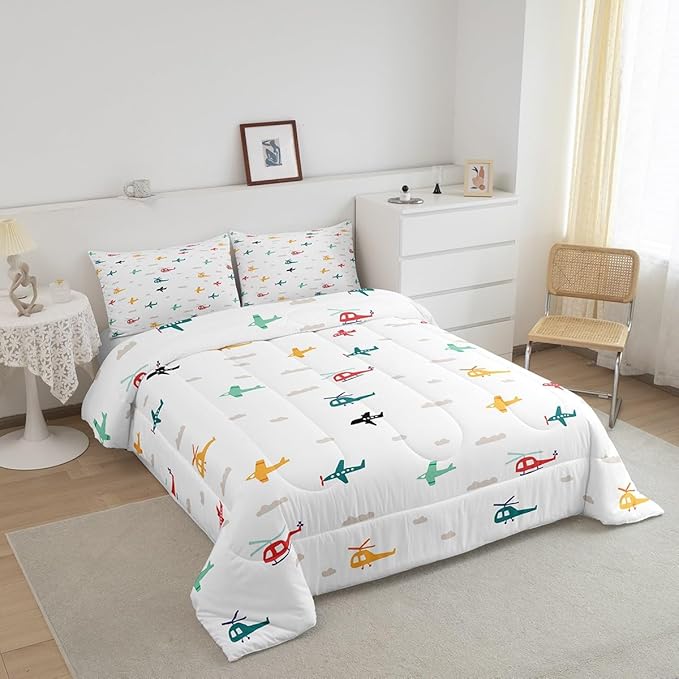 Kids Aircraft Queen Size Comforter Set,Watercolor Transportation Vehicles Down Alternative Comforter Bedroom Decor,Boys Airplanes Colorful Helicopter Ultra Soft Microfiber Inner Fill 3Pcs Bedding