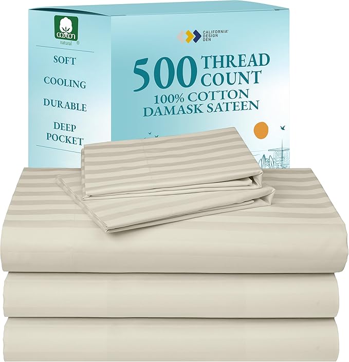 California Design Den Split King Size Sheet Set, 100% Cotton 500 Thread Count Sateen, Deep Pocket Bedding for Adjustable Bed, Twin-XL Fitted Elastic Sheets & Pillowcases - Striped Ivory