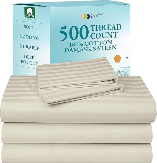 California Design Den Split King Size Sheet Set, 100% Cotton 500 Thread Count Sateen, Deep Pocket Bedding for Adjustable Bed, Twin-XL Fitted Elastic Sheets & Pillowcases - Striped Ivory