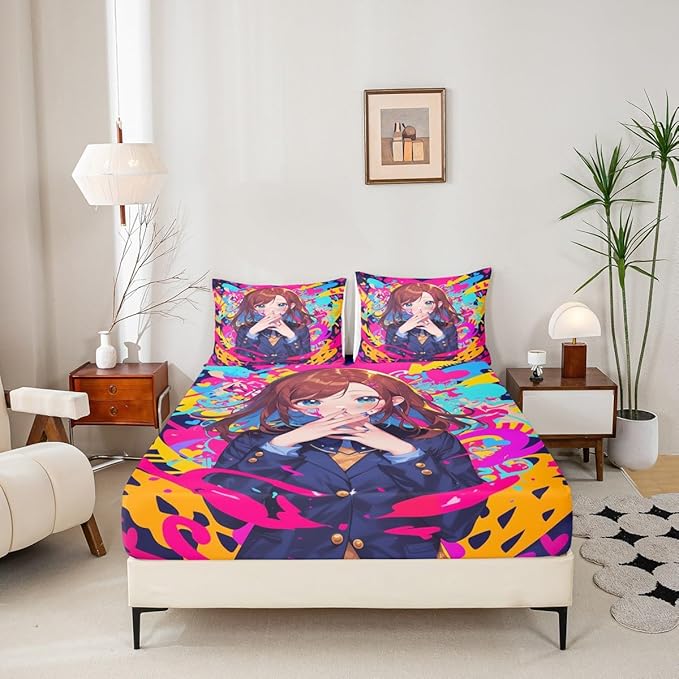 Erosebridal Anime Girl Full Bed Sheets, Japanese Anime Bedding Set 3 Piece for Kids Girls Teens Adult Bedroom Decor, Cartoon Girl Fitted Sheet Kawaii Japanese Animation Sheets