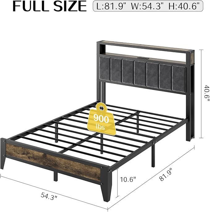 OLEVS Full Size Bed Frame with Headboard, LED Light & Charging Station | Metal Platform Bed Upholstered Headboard 2-Tier Shelf & Footboard, Smart LED Lightning Type C USB Ports, No Need Box Spring