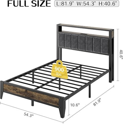 OLEVS Full Size Bed Frame with Headboard, LED Light & Charging Station | Metal Platform Bed Upholstered Headboard 2-Tier Shelf & Footboard, Smart LED Lightning Type C USB Ports, No Need Box Spring
