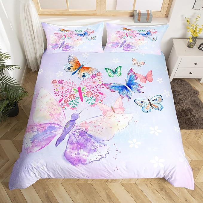 Purple Butterfly Bedding Set Kids Girls Butterflies Duvet Cover Set Daisy Flowers Comforter Cover Set Rustic Flying Animal Bedspread Cover Bedroom Quilt Cover Twin with 1 Pillowcase,No Comforter