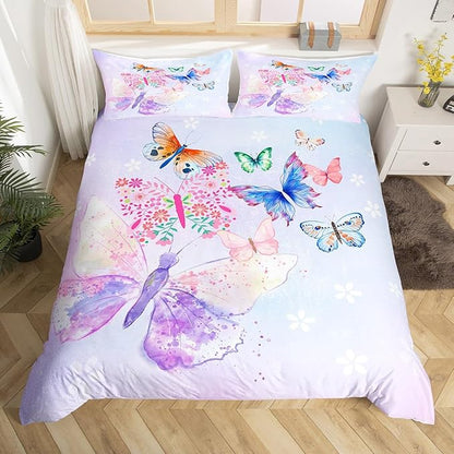 Purple Butterfly Bedding Set Kids Girls Butterflies Duvet Cover Set Daisy Flowers Comforter Cover Set Rustic Flying Animal Bedspread Cover Bedroom Quilt Cover King with 2 Pillowcase,No Comforter
