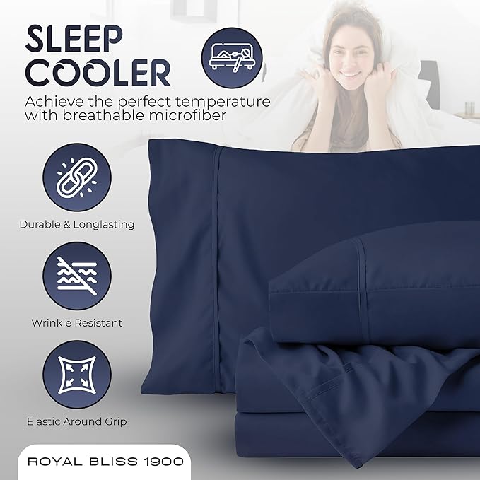 Queen Sheet Set - 4 Piece Bedding - Double Brushed, Cooling, Deep Pocket Sheets, Navy Blue