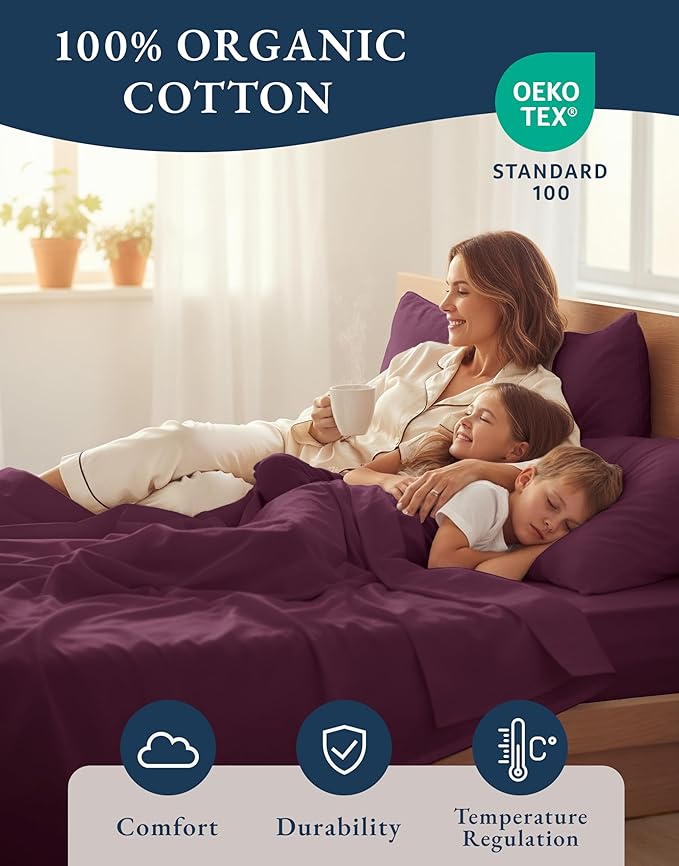 LANE LINEN 100% Organic Cotton Eco Friendly Sustainably Produced Twin XL Sheet Set, Mercerized Soft & Comfy Extra Long Twin Bedding Set, Naturally Cooling Cotton Sheets- Windsor Wine