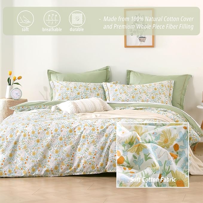 Floral Cotton Comforter King Size 3Pcs - Yellow and Blue Tiny Flowers & Little Lambs on White, Sage Green Back, Reversible Lightweight Bedding Sets with Soft Fill(King, 104"×90")
