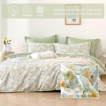 Floral Cotton Comforter Queen Size 3Pcs - Yellow and Blue Tiny Flowers & Little Lambs on White, Sage Green Back, Reversible Lightweight Bedding Sets with Soft Fill(Queen, 90"×90")