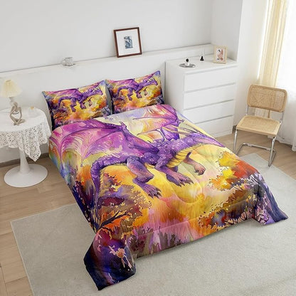 Purple Dragon Bedding Set Full Size,Cartoon Animal Comforter Set for Kids Boys Girls Room Decor,Watercolor Abstract Art Duvet Insert 3Pcs,Jungle Flying Dragon Wildlife Quilt Set,2 Pillowcases