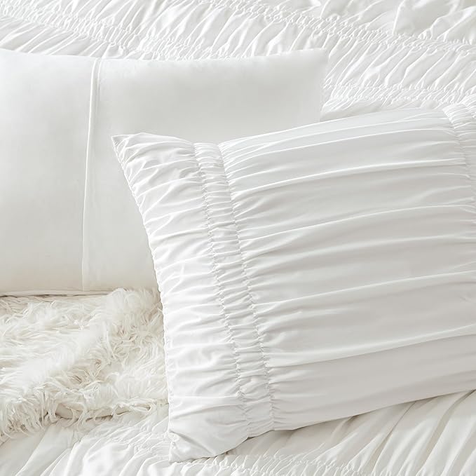 Intelligent Design Queen Comforter Set Ruched Shabby Chic Comforters for Queen Size Bed, All Season Lightweight Comforter Queen French Country Bedding Set, Shams, Ella, Full/Queen, White, 3 Piece